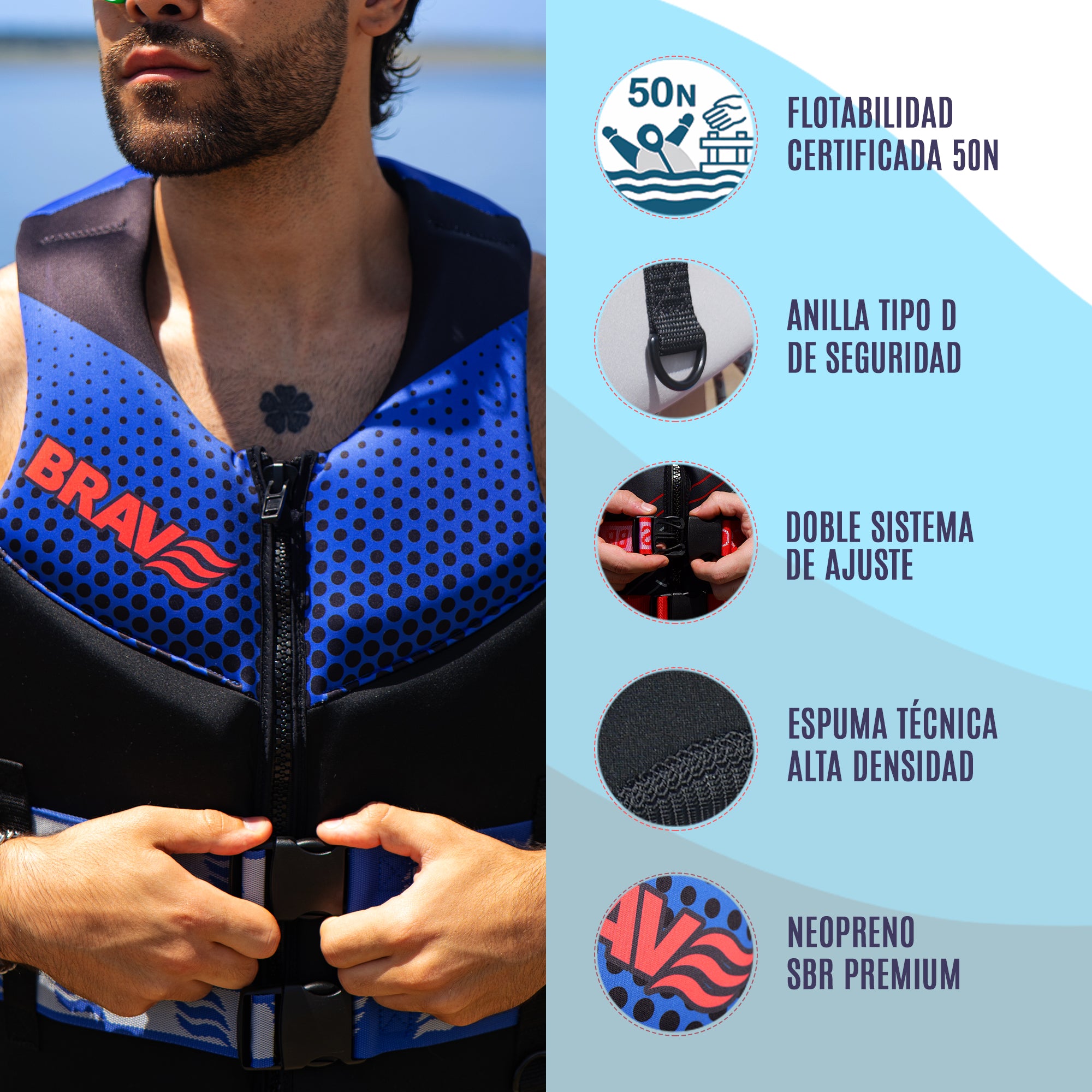 Chaleco salvavidas para moto de agua Brave Sports Navy Homologado 50N