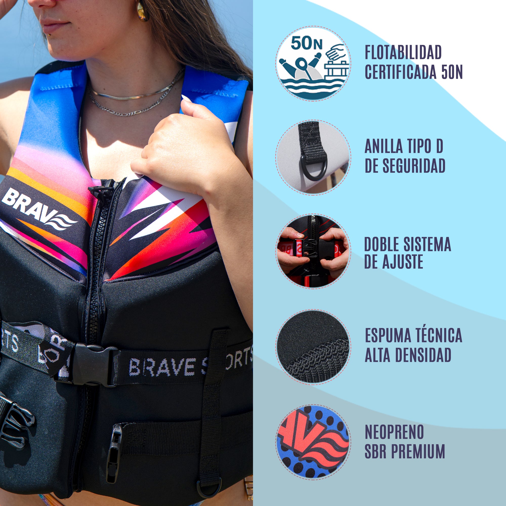 Comprar Chaleco Salvavidas para moto de agua BRAVE Neon Thunder 50N Homologado
