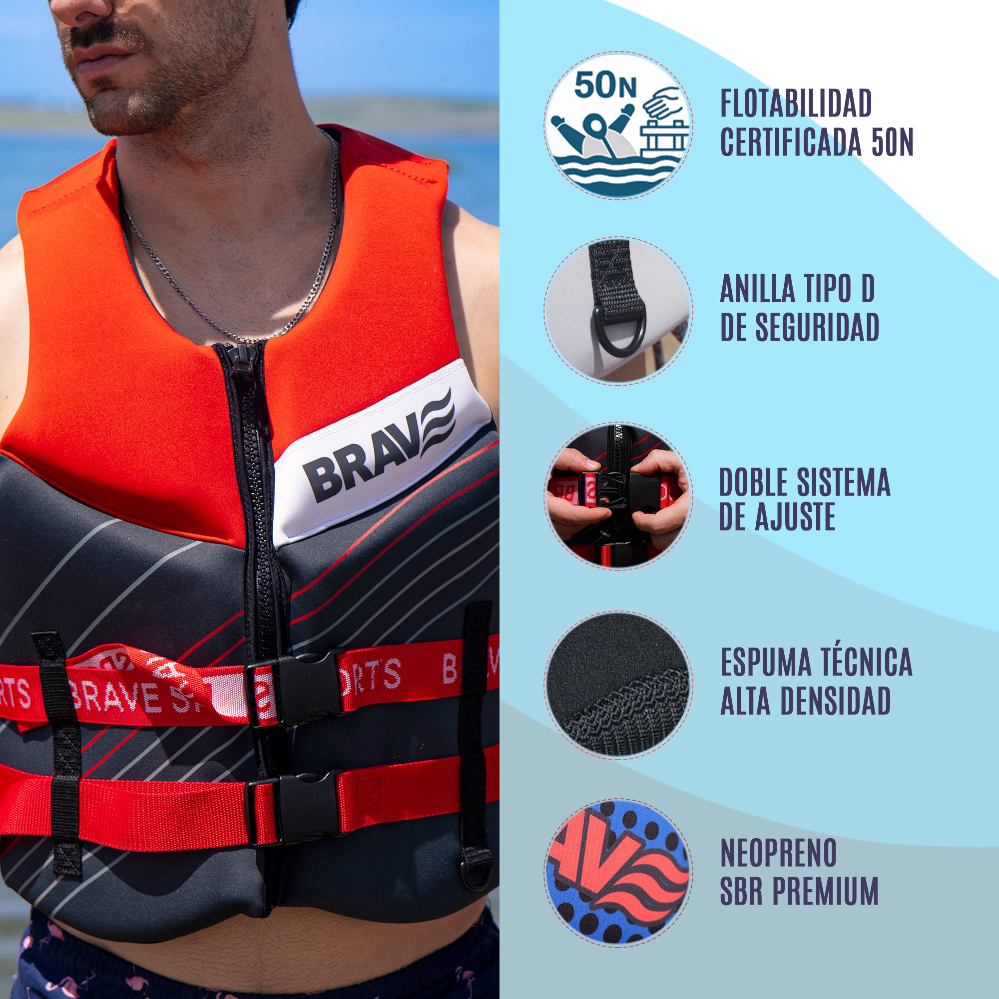 Comprar Chaleco salvavidas para moto de agua rojo Brave Sports Red Horizon 50N Homologado