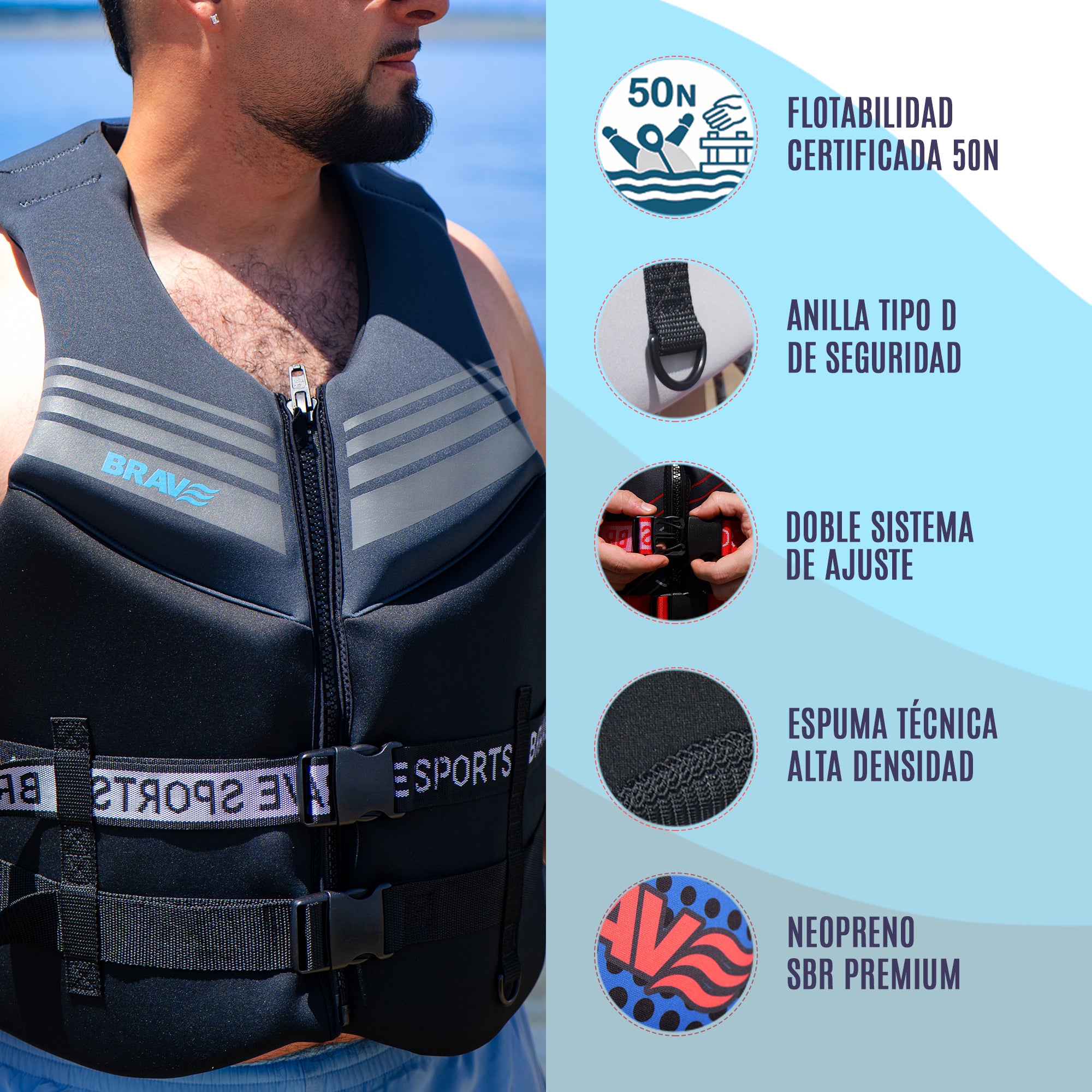Comprar chaleco salvavidas para moto de agua  Gris Brave Sports Wave Hunter Detalle